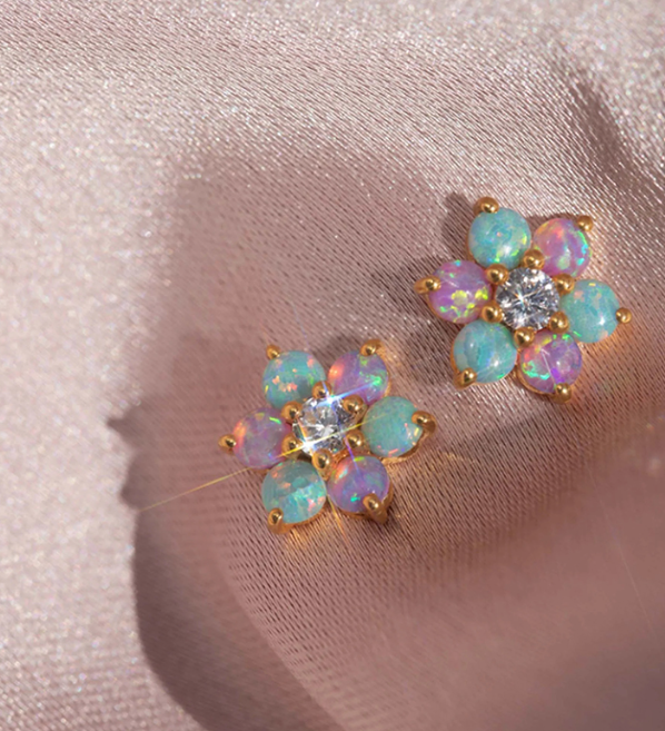 Round Opal Fleur Earrings